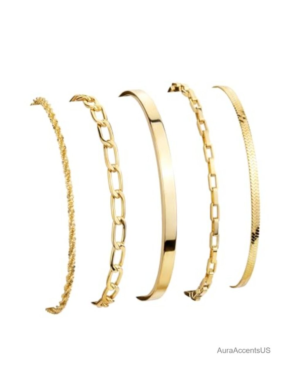 Gold Plated Link Bracelet Set Adjustable 14K Stackable 5 Piece